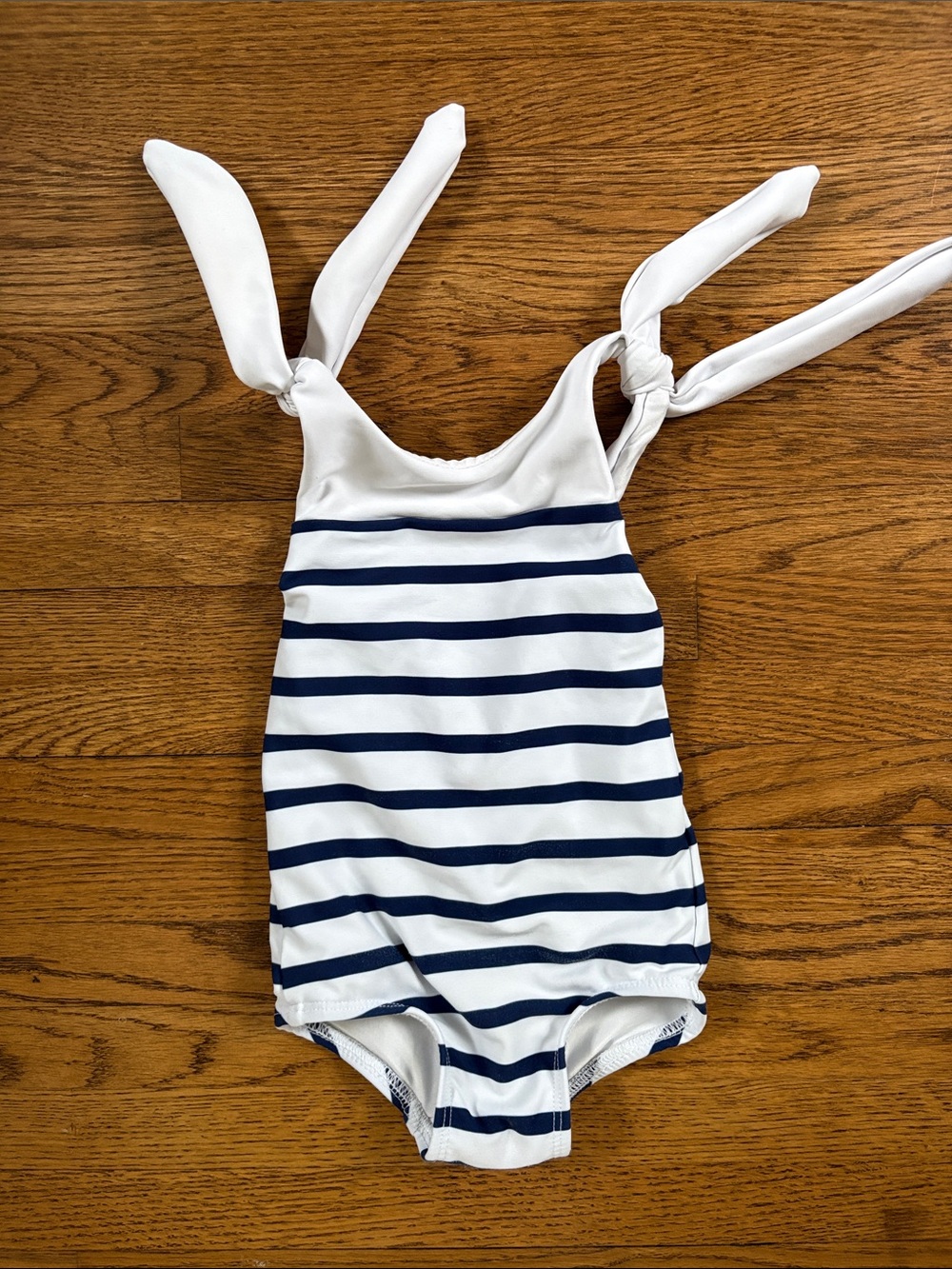 Minnow White and Navy Striped Knot-Shoulder One-Piece Swimsuit